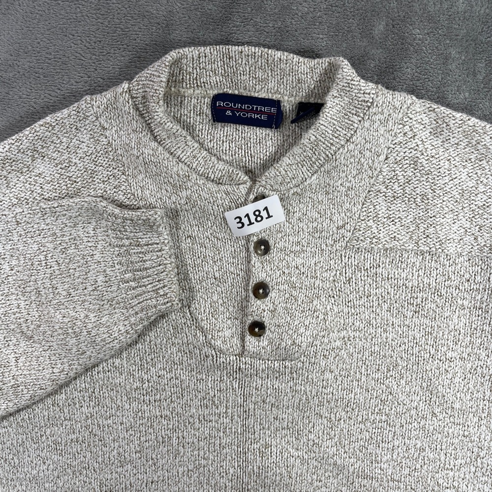 Roundtree‎ & Yorke Henley Sweater Mens XL Beige Marled Knit Mock Neck 3-Button